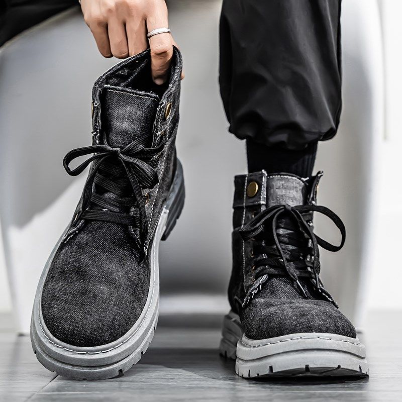 大码马丁靴男款i秋季英伦风炸街小短靴厚底牛仔靴子男高帮帆布鞋