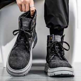 大码马丁靴男款i秋季英伦风炸街小短靴厚底牛仔靴子男高帮帆布鞋