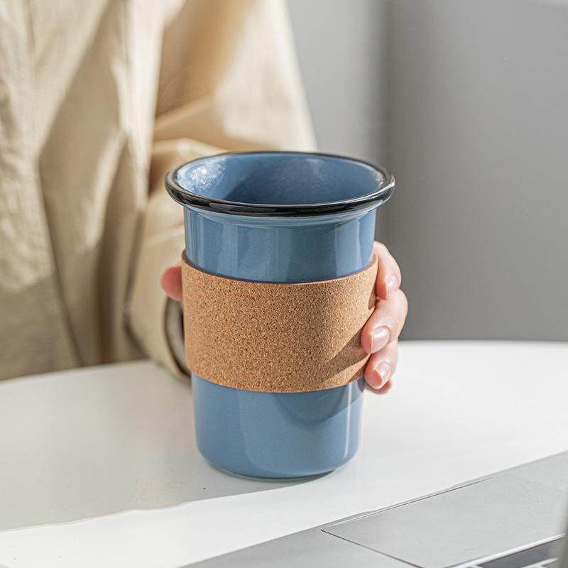 彩边ins风陶瓷大容量水杯v马克杯咖啡杯皮套防烫杯套拿铁手握随手