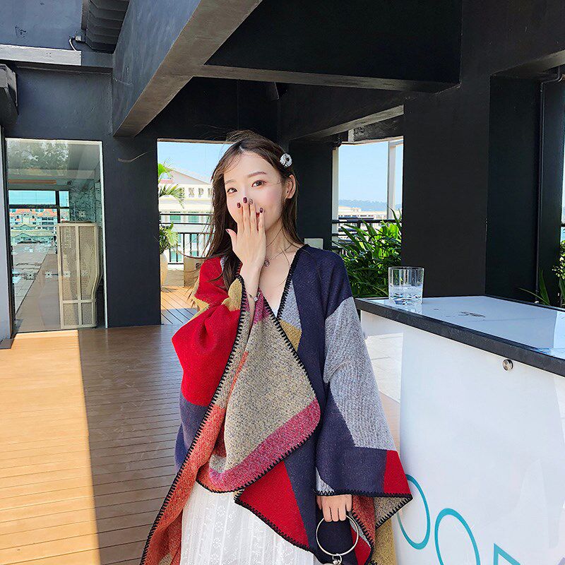 度假风旅游围巾开叉披肩拼色斗篷C保暖百搭加厚空调房披风外搭女
