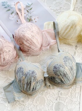 日系典雅刺绣少女清新圆盘胸钢圈聚拢薄杯大胸女R士文胸GHI大杯