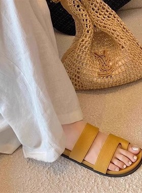 踩屎感~黄色套趾平底拖鞋女夏外穿夹趾凉拖一字带女式厚底凉鞋子