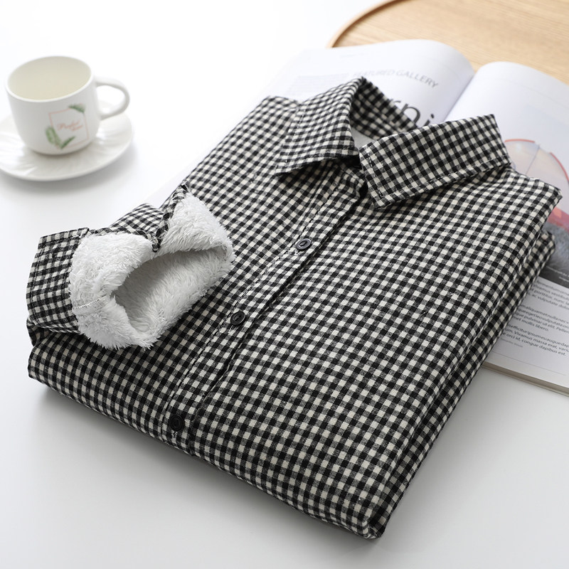 2024秋c冬新品加绒格子长袖衬衫女宽松文艺加厚保暖内搭衬衣打底
