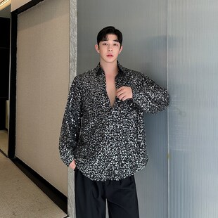 高级感小众重工艺亮片不规则衬衫男长袖炸街网红夜店演出舞台装潮