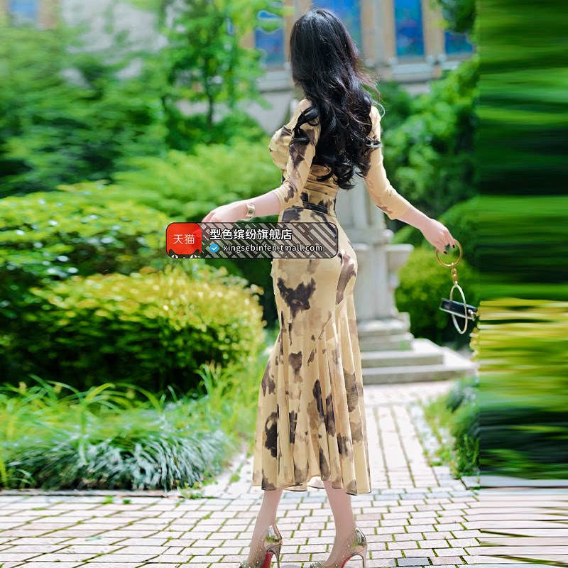 夏季晕染网纱印花褶皱T鱼尾裙两件套2024新款高级感炸街减龄套装