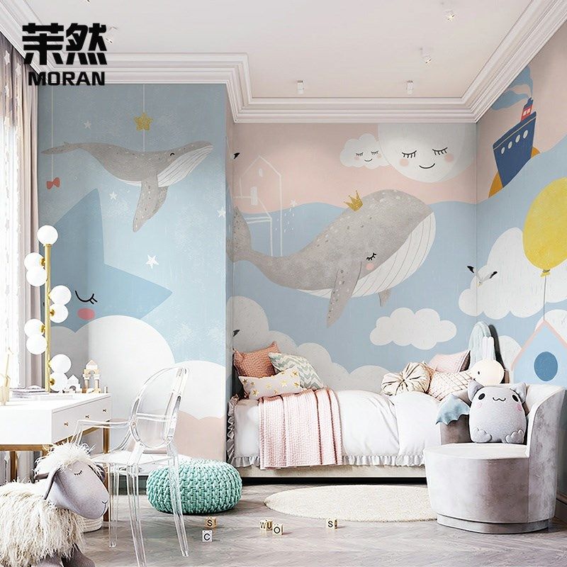 儿童房壁画墙布男孩女孩房间卧室背景墙壁纸海洋动物鲸鱼卡通墙纸
