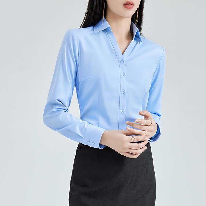 蓝色职业衬气衫女夏季质领房地产销售人员春面试工作服正装TFPv衬