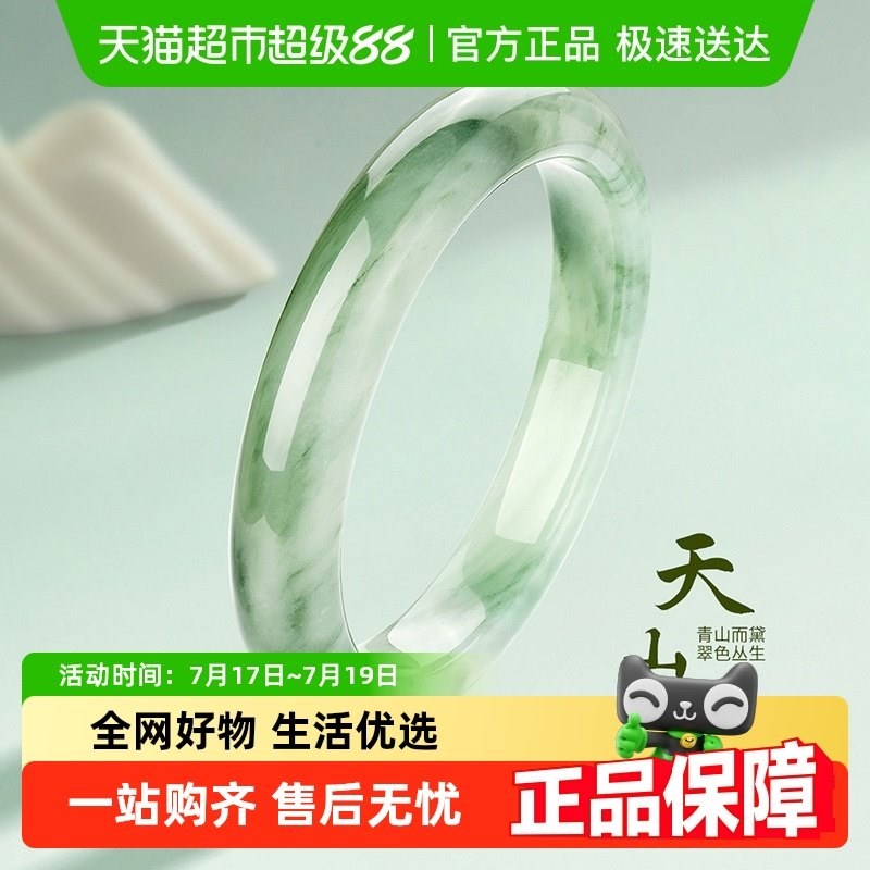 梦金园天然天山翠手镯冰透飘绿圆条石英质玉镯大气U玉镯节日送礼