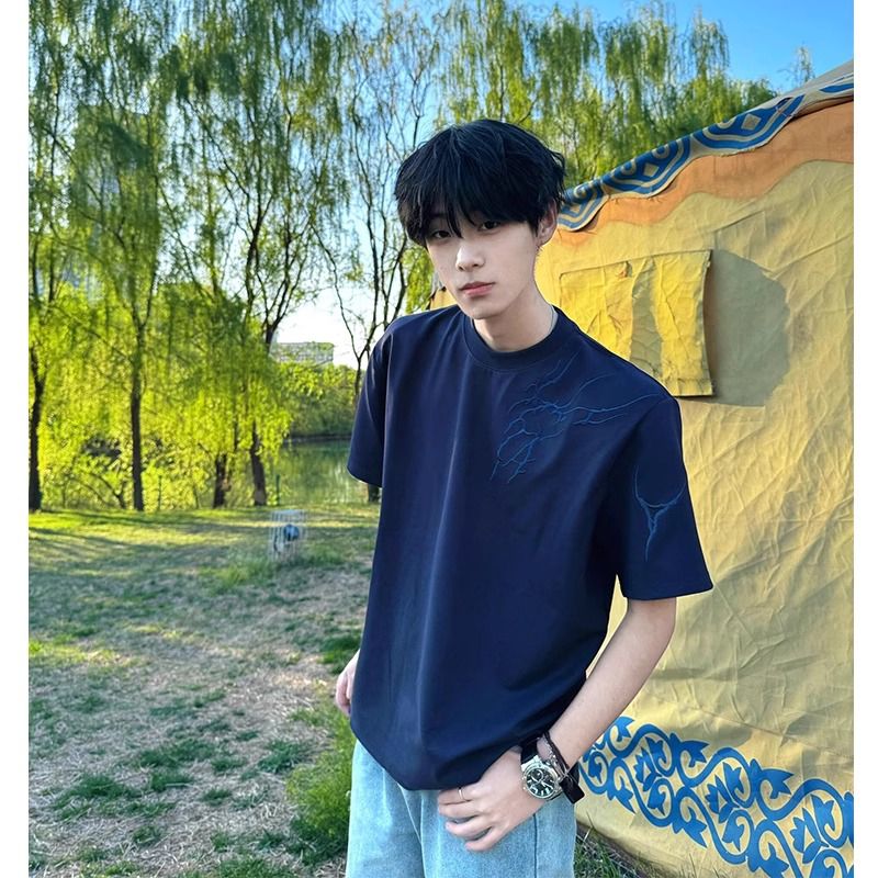 HandSeven夏季潮流闪电刺绣短袖T恤男女同款休闲百搭上衣曼巴棉