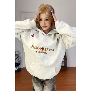 HandSeven复古风字母刺绣连帽卫衣女秋冬新款重磅高级感帽衫潮流