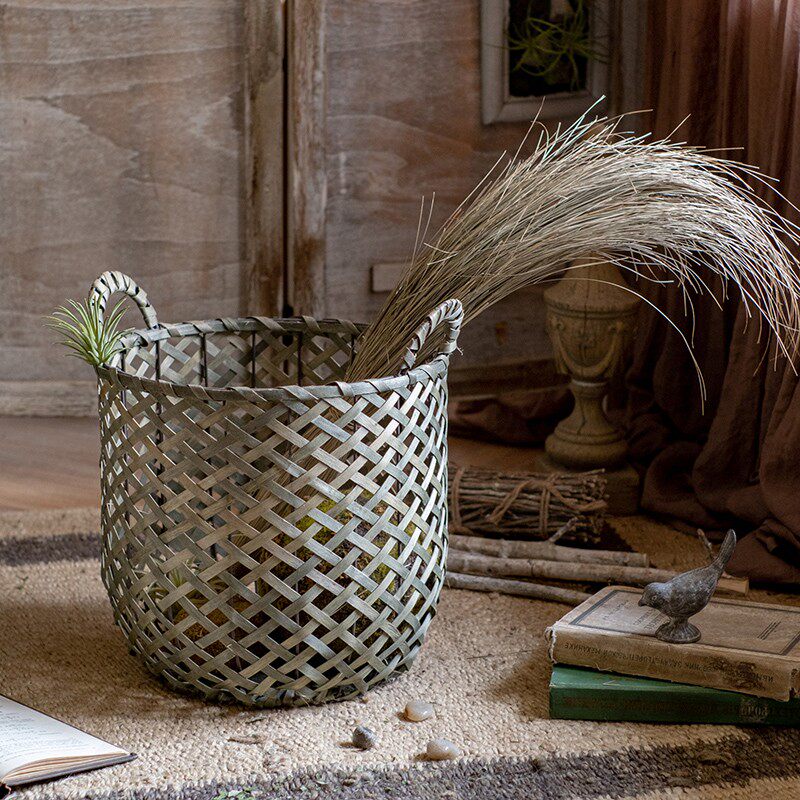 掬涵 木片编织收纳筐大号手提收纳篮镂空脏衣筐花盆套筐装饰天然
