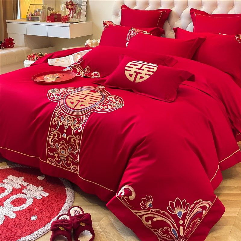 新款婚庆红色结婚四件套中式刺绣床上用品婚房陪嫁床单喜被新婚,床上用品,婚庆床品套件,淘宝优惠券,粉丝福利购,淘宝优惠卷