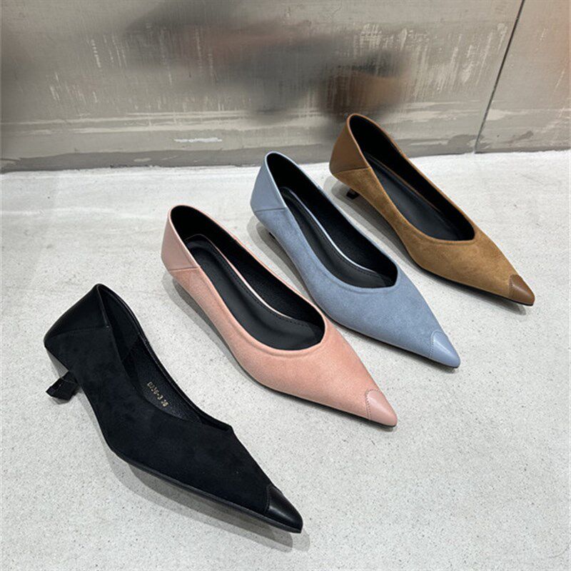 2025年春季新款通勤风尖头绒y面猫跟单鞋女时尚细跟低跟浅口高跟