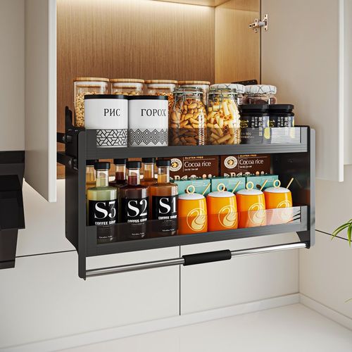 厨房吊柜升降拉篮橱柜下拉式调味拉篮顶柜上下缓冲伸缩调料置物架