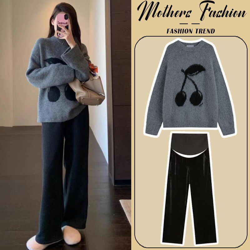 孕妇套装2024新款秋q冬时尚洋气时髦灰色加厚保暖毛衣阔腿裤两件