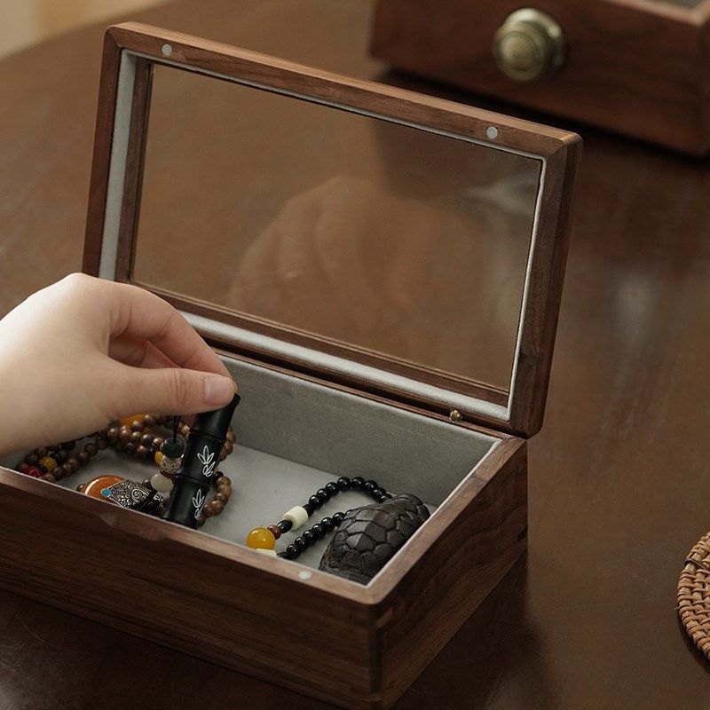 黑胡桃木首饰盒高档文玩核桃沉香手串竹雕手把件收纳盒实木礼品盒