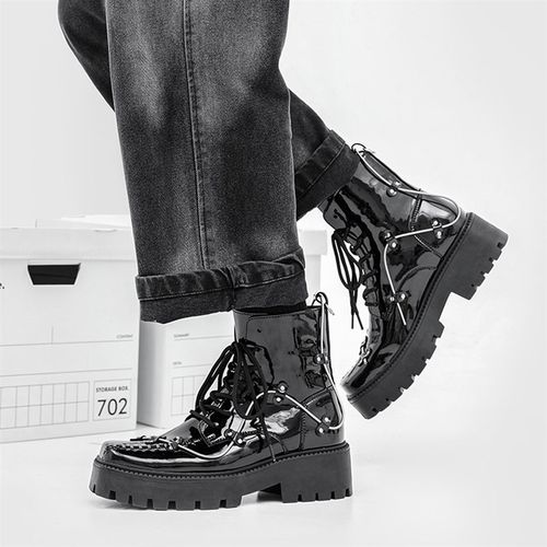 小众方头高街弹簧马丁靴男生高级感厚底增高机能英伦风机车高帮鞋