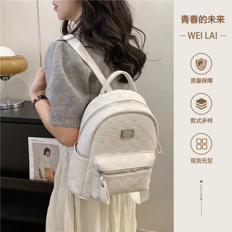 2025爆款pu软皮双肩包包女轻便格纹新款揹包百搭质感双肩百搭揹包