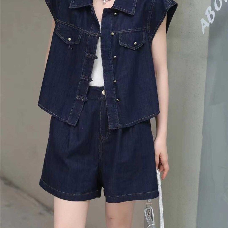 欧货牛仔套装女高级感2024夏季新款时尚洋气减龄马甲阔腿裤两件套