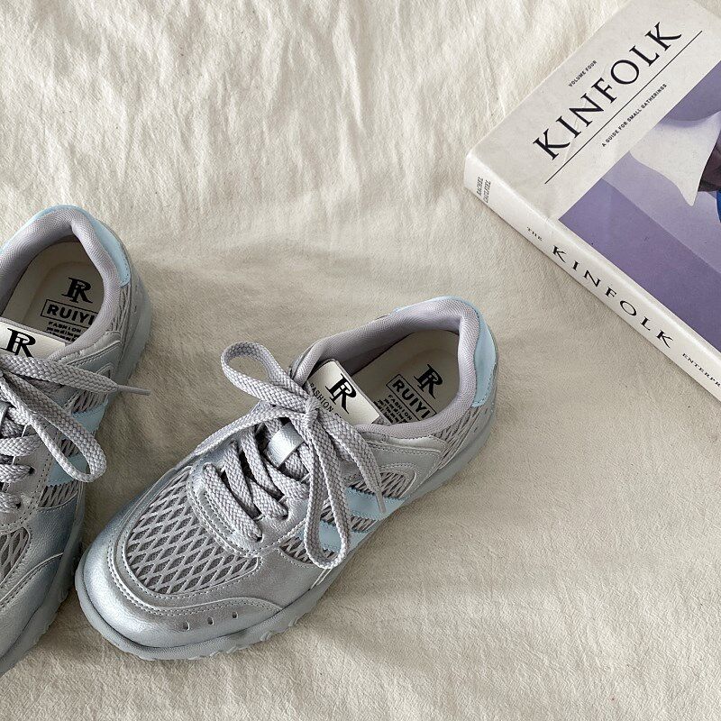 喜叔银色网鞋女款2025新款夏季透气网面德训鞋厚底轻便休闲运动鞋