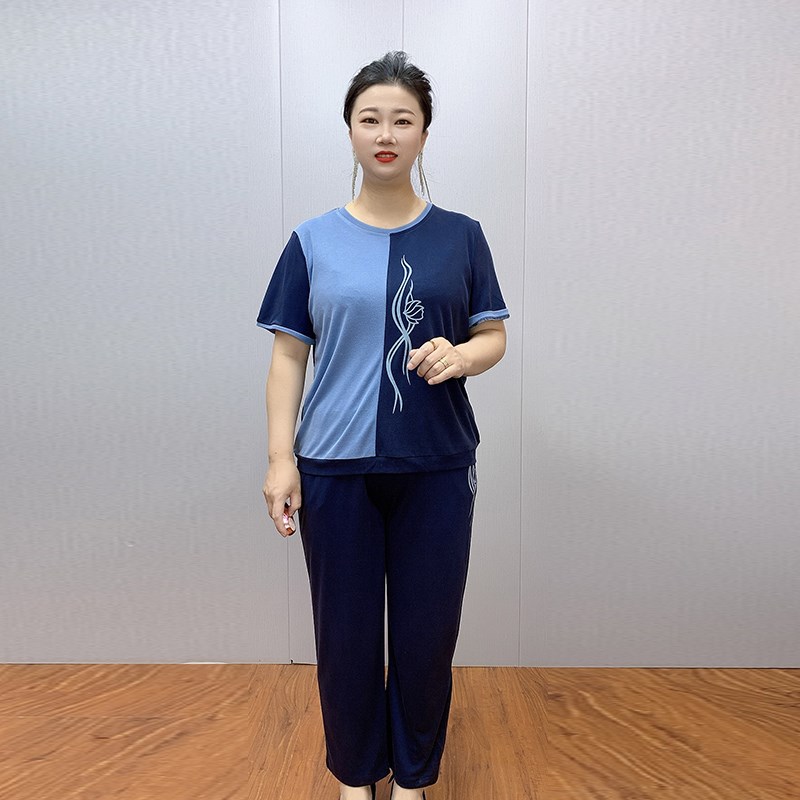 中老年妈妈夏季休闲套裤高品质铜氨丝坠感运动两件套大码拼接套装