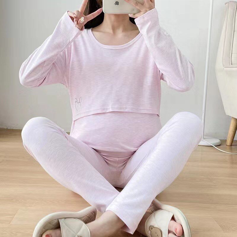 孕妇哺乳彩棉秋衣秋P裤套装横开口