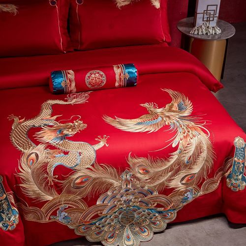 中式婚礼龙凤婚房四件套100S长绒棉重工刺绣大红色结婚被套床单