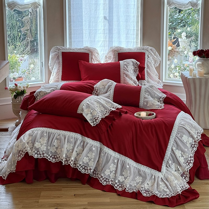 仙气浪漫风蕾丝花边全棉四件套酒红色被套纯棉床盖公主风床上用品