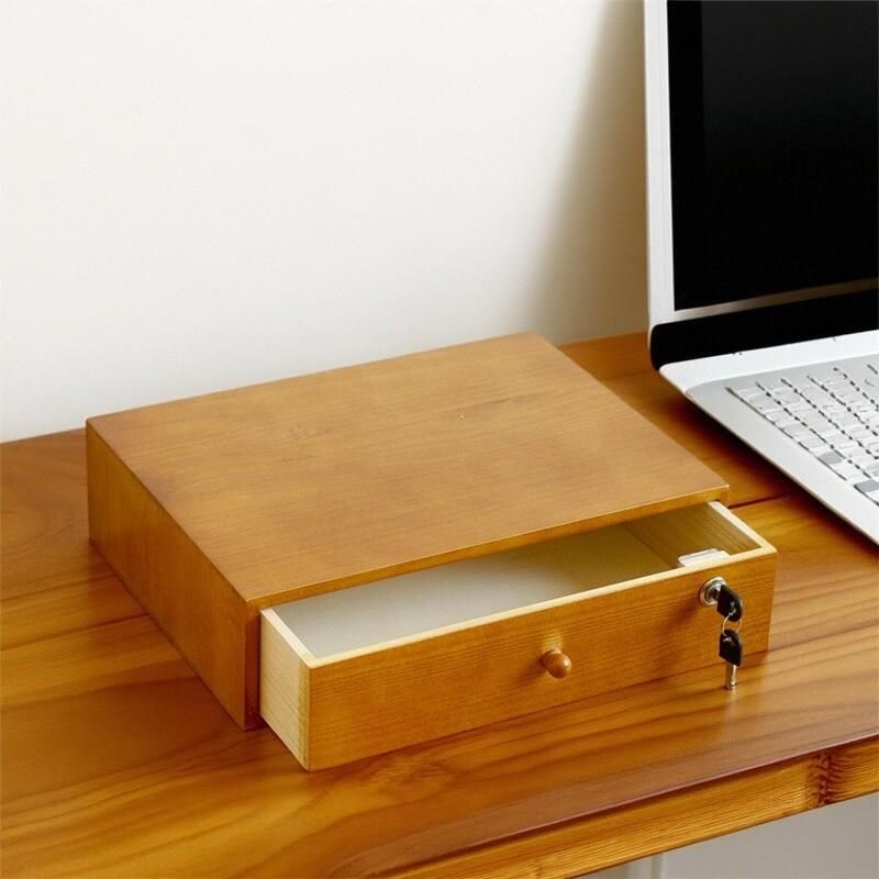 实木带锁桌面收纳盒抽屉式办公a4文件储物盒打印机电脑增高置物架