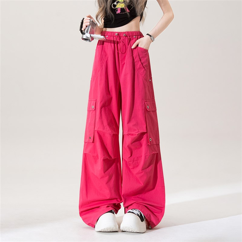 玫红色宽松阔腿工装裤女夏季新款抽绳束脚宽松显瘦小个子休闲长裤