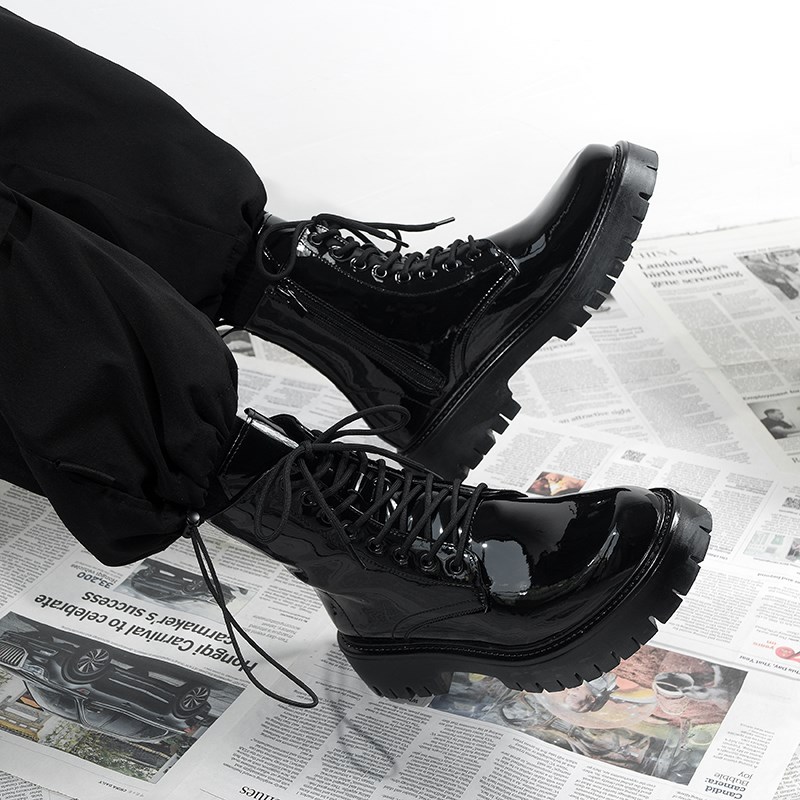 漆皮马丁靴男款厚底增高中帮皮靴子男生英伦风高帮皮鞋亮面拉链靴