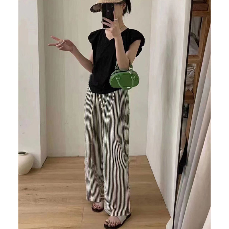 黑白竖条纹阔腿裤女夏季抽绳垂感小矮个子宽松百搭休闲直筒长裤潮