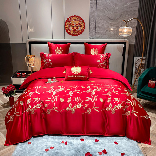 全棉刺绣结婚大红色婚庆四件套纯棉被套高档中式陪嫁简约床上用品