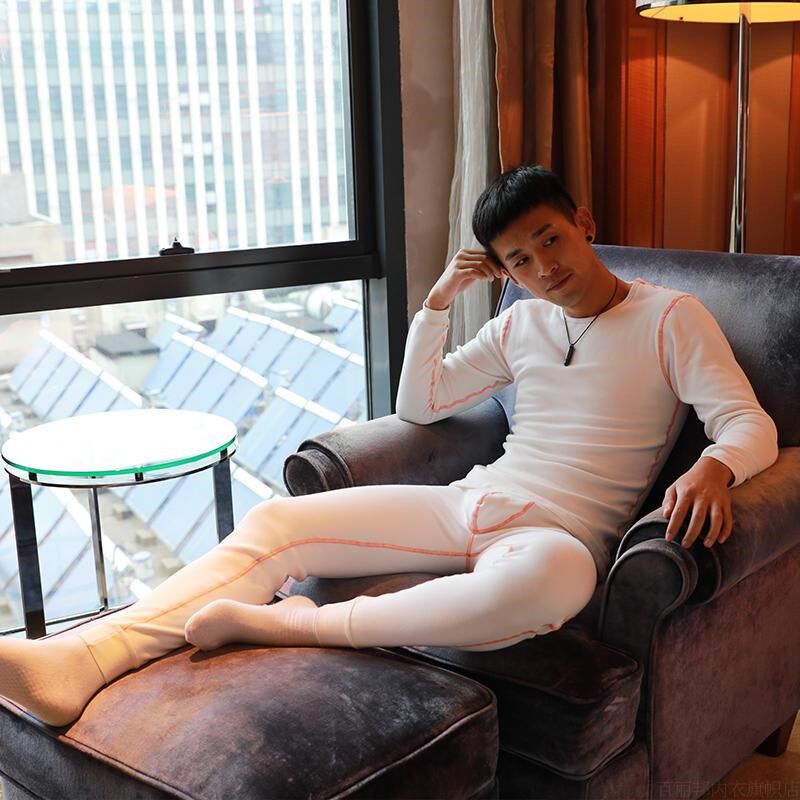 男士秋冬季纯白色加厚加绒保暖内衣修紧身秋衣秋裤圆领宝暖一套装