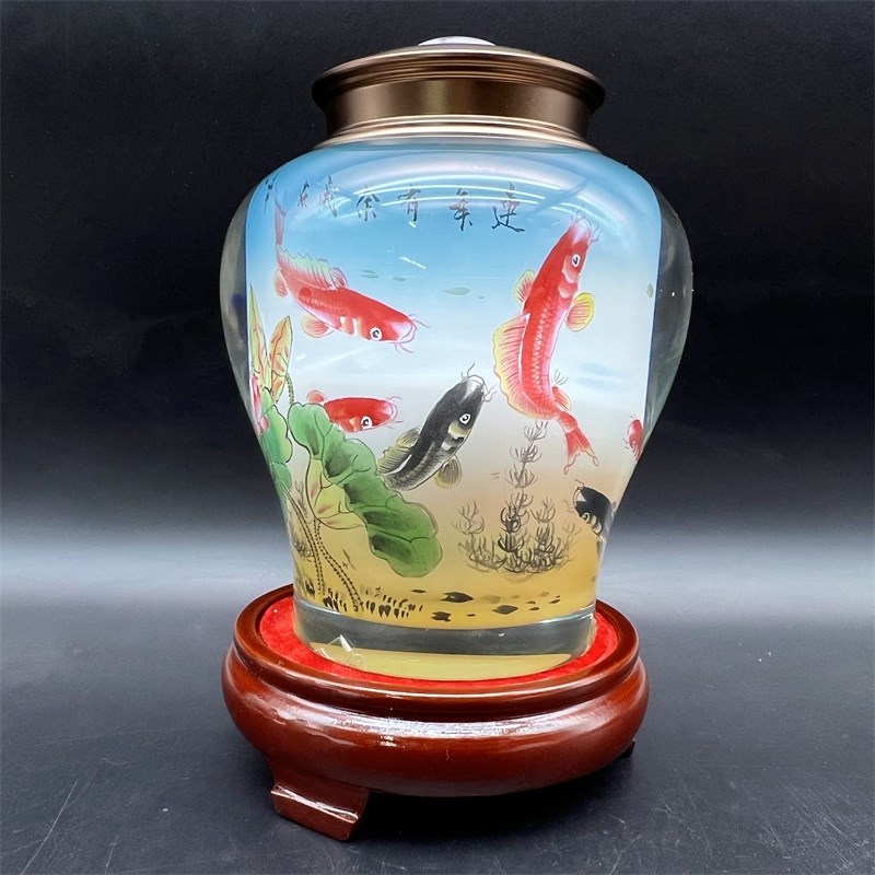 内画水晶茶叶桶实用手工绘制特色礼品摆件礼品送底座