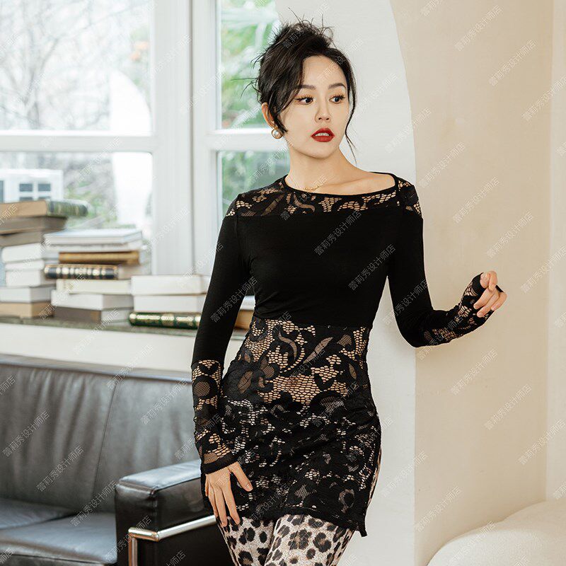 蕾莉秀李晶晶2024新款繁华x感蕾丝长袖女肚皮舞练功练习服装舞蹈