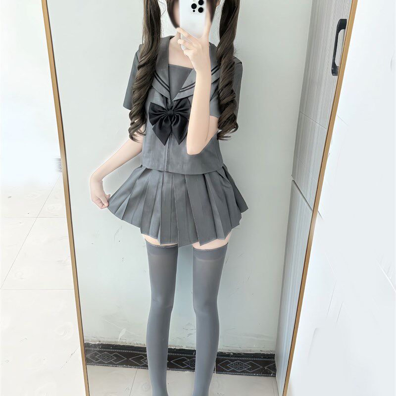 灰二本水手服日系学生服学院w风jk制服女春秋短长袖灰色百褶裙套