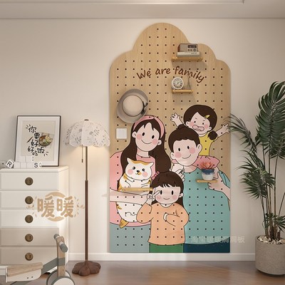 洞洞板入户玄关实木洞洞板带镜子置物架全家福图案洞洞板定制造型