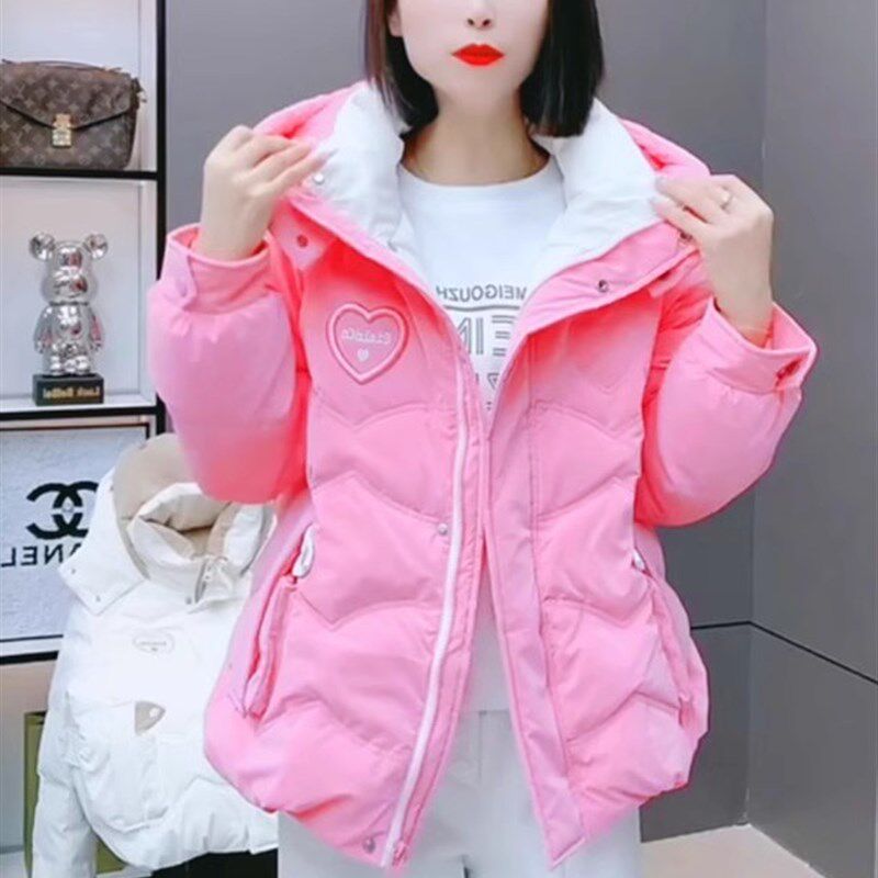 羽绒棉服女加厚女士冬季新v款大码羽绒棉连帽款时尚百搭保暖棉袄