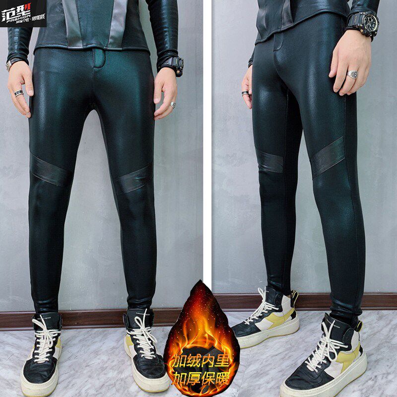 加绒加厚潮男拼接pu皮裤打底韩版紧身秋冬高弹亮S面小脚保暖打底
