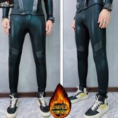 加绒加厚潮男拼接pu皮裤 紧身秋冬高弹亮S面小脚保暖打底 打底韩版