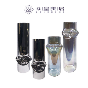 现代简约欧式蓝色灰色玻璃管圆柱花器花瓶摆件样板房售楼处饰品