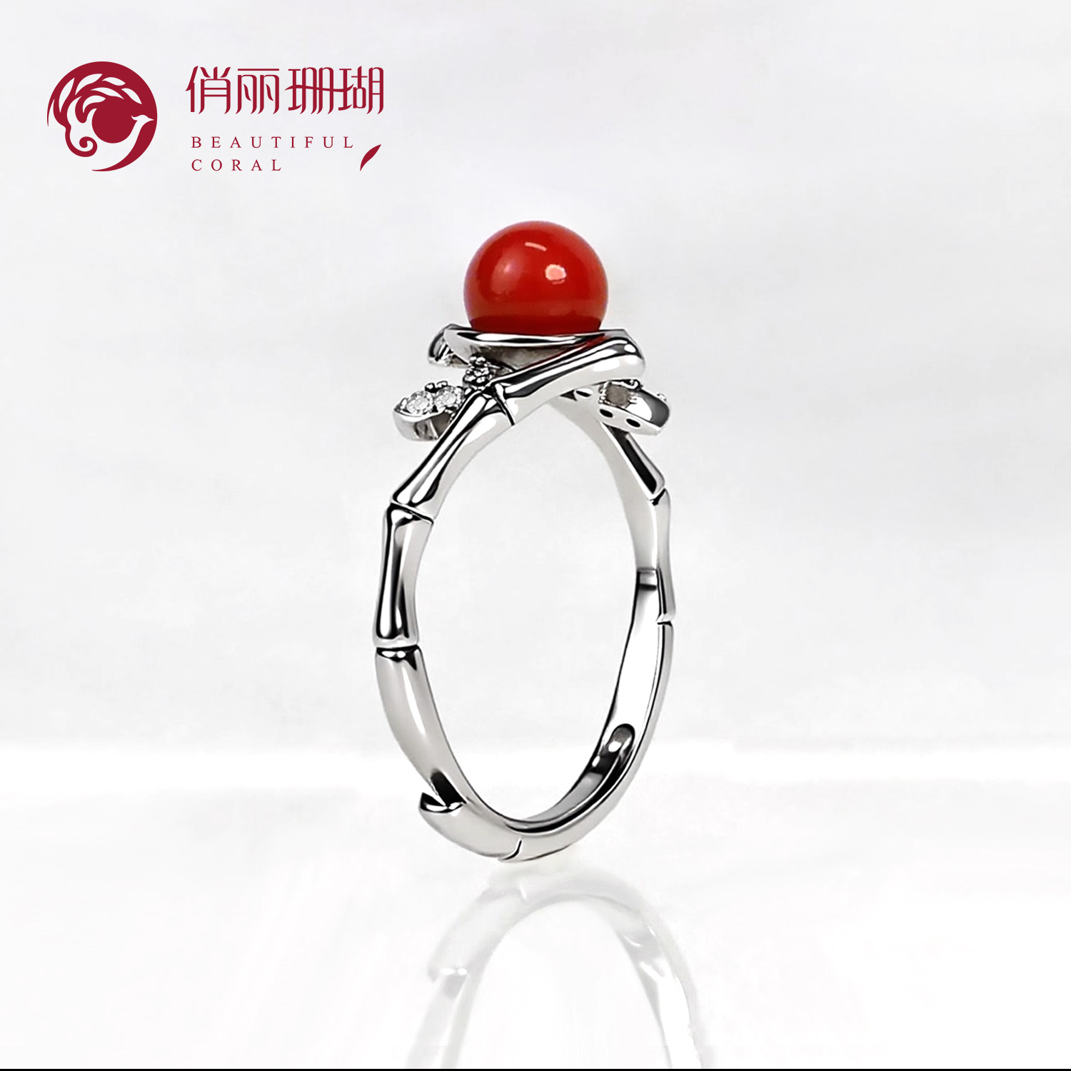 俏丽纯天然沙丁红珊瑚银镶嵌戒指