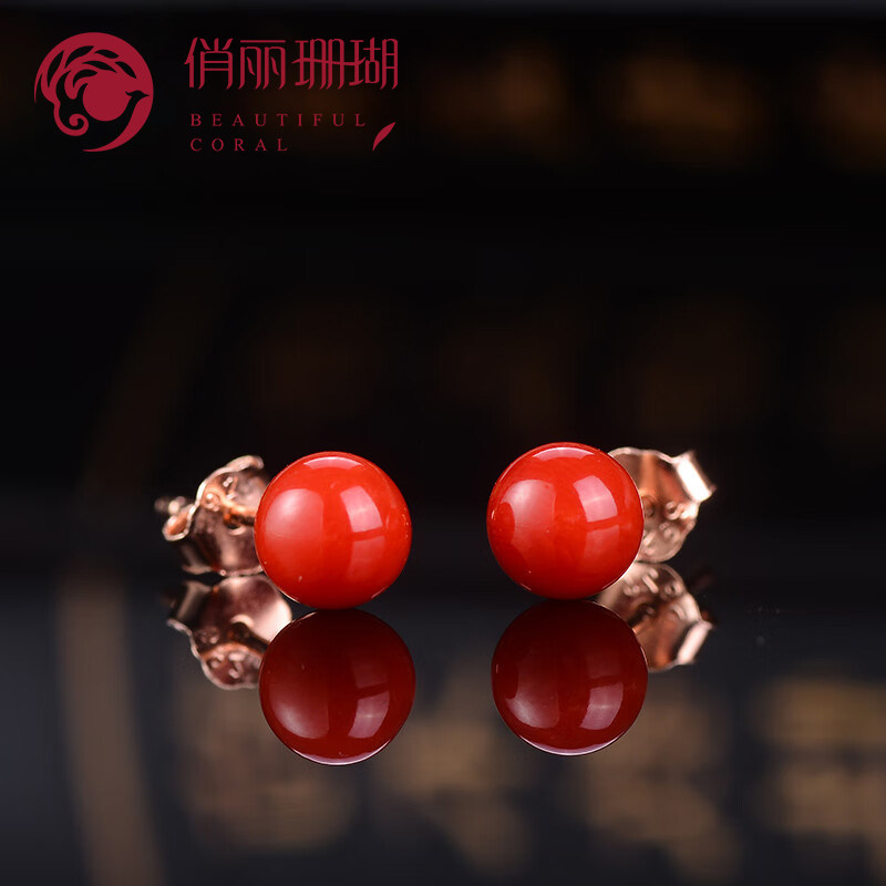 俏丽天然沙丁红珊瑚耳钉圆珠耳饰925银镶嵌/ED2615