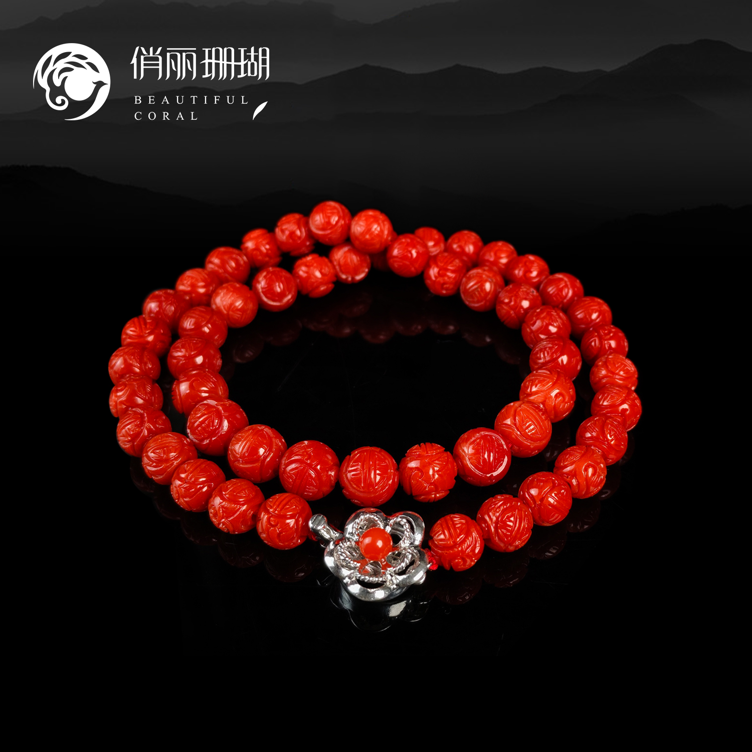 俏丽天然沙丁红珊瑚圆珠雕刻项链