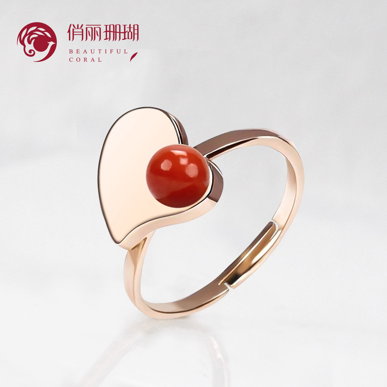 俏丽红珊瑚925银镶嵌爱心戒指