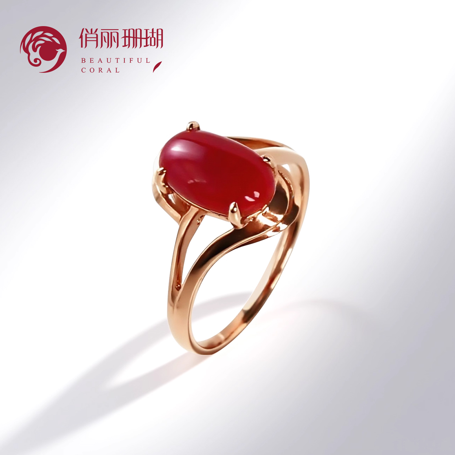 俏丽日本阿卡红珊瑚18K金戒指