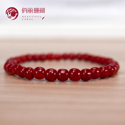 俏丽天然阿卡红珊瑚桶珠手串