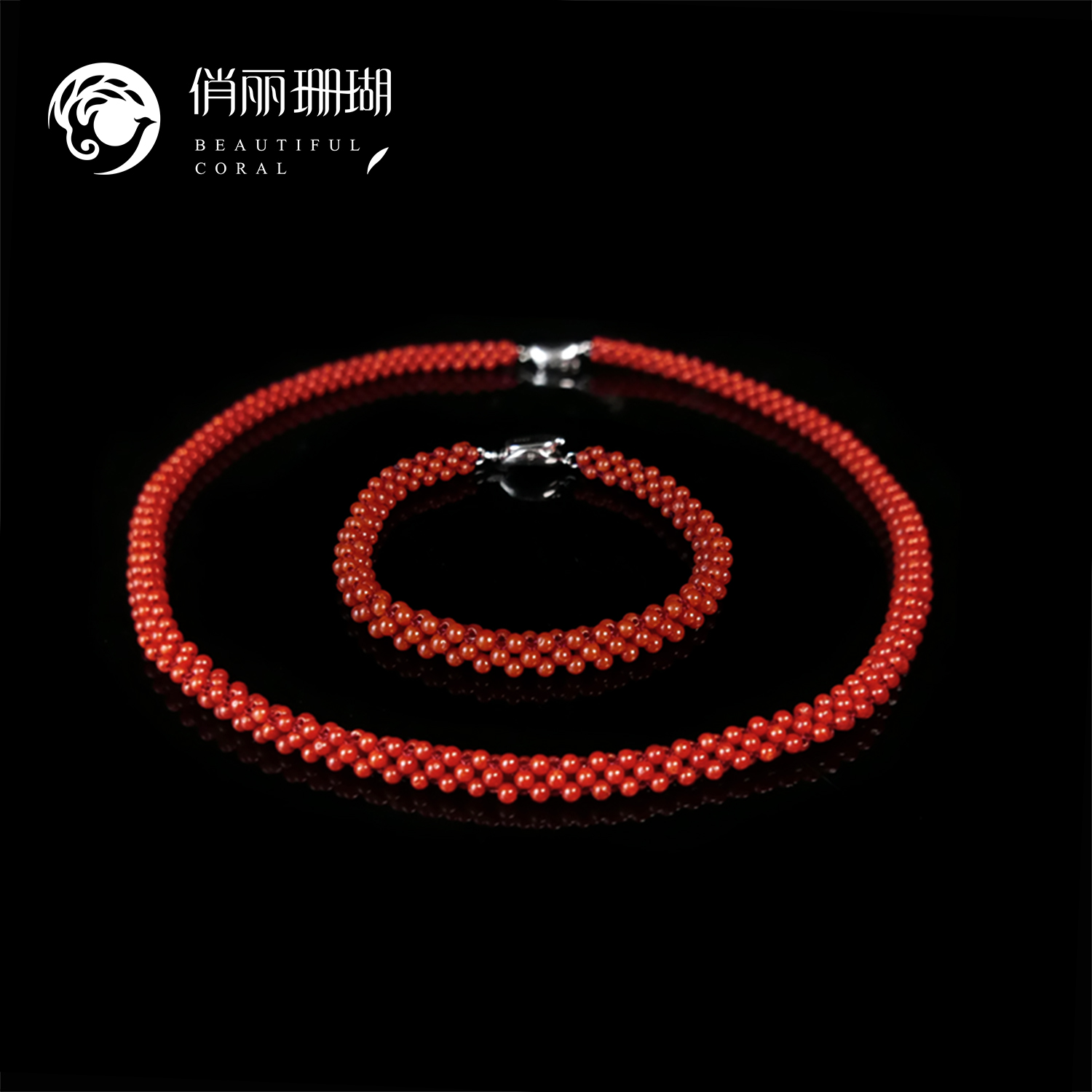 俏丽纯天然红珊瑚圆珠编织项链