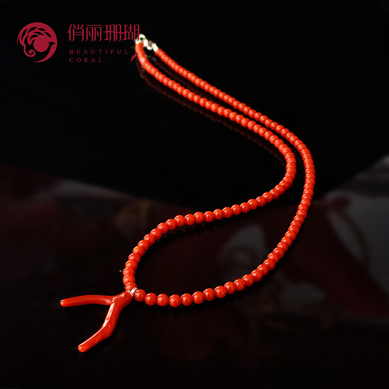 俏丽天然红珊瑚圆珠自然枝项链/XL2659